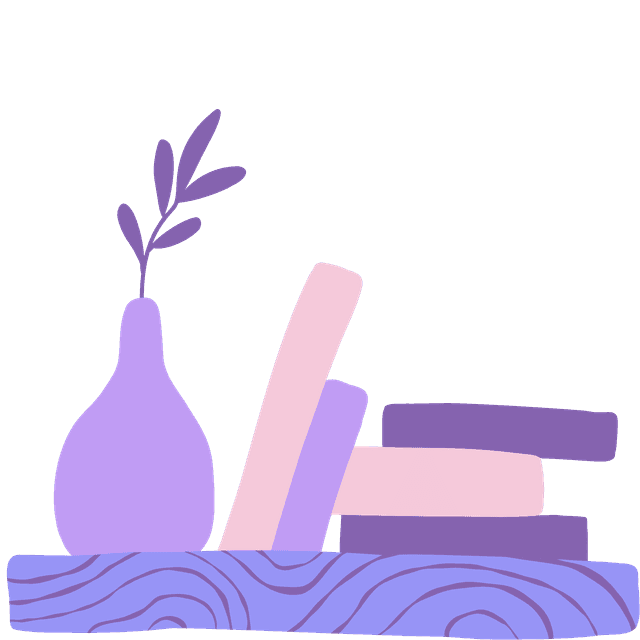Artsy photo of books and a vase on a wooded shelf.
